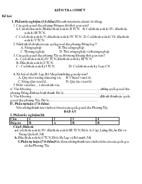 Đề thi Kiểm tra 15 phút môn lịch sử